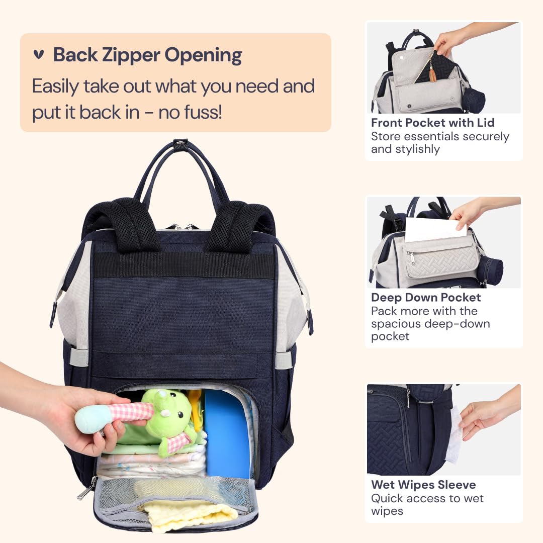 BabbleRoo diaper bag backpack insulated pockets keep bottles at the right temperature.