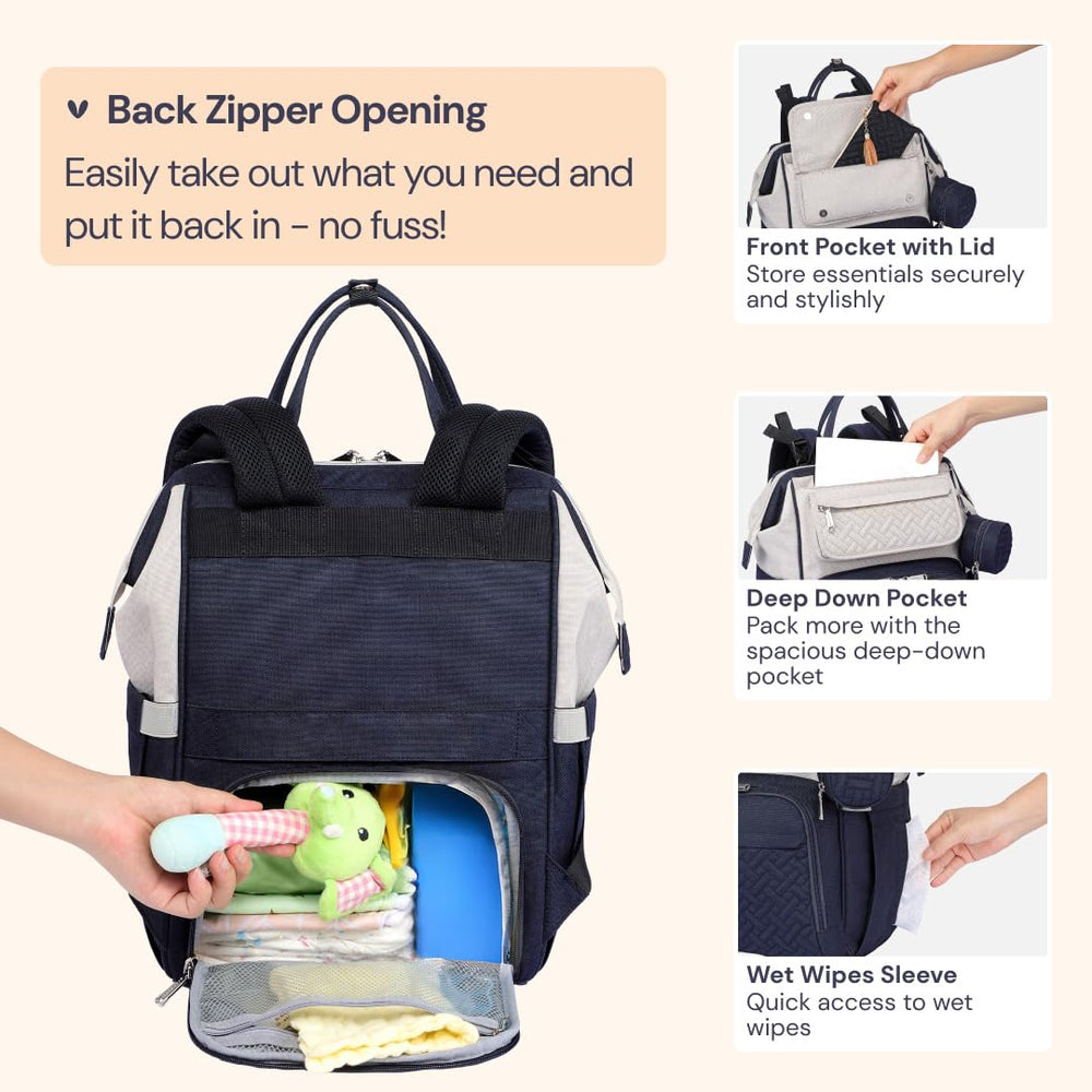 BabbleRoo diaper bag backpack insulated pockets keep bottles at the right temperature.