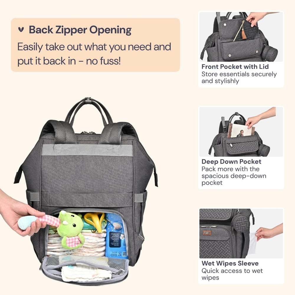 BabbleRoo backpack insulated pockets keep bottles at the right temperature during errands