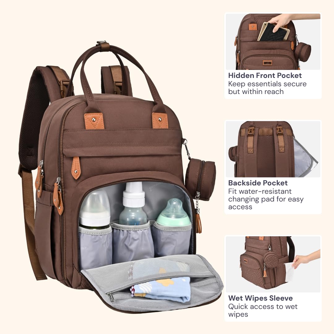 BabbleRoo diaper bag backpack laptop compartment, convenient 15.6-inch space for work or travel devices.