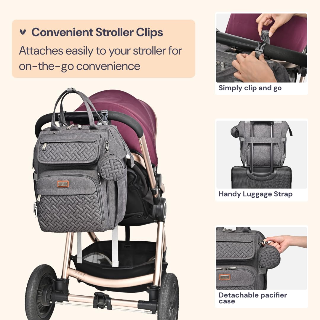 BabbleRoo pacifier case attached to bag simplifies reaching tiny items on the go