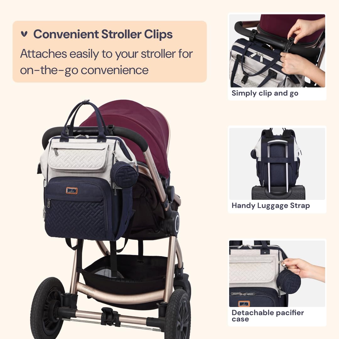 BabbleRoo diaper bag backpack detachable pacifier case for neat organization.