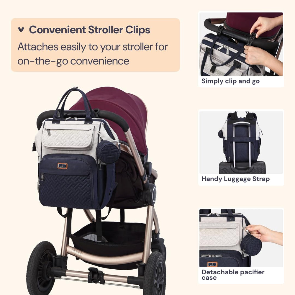 BabbleRoo diaper bag backpack detachable pacifier case for neat organization.