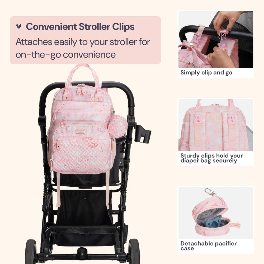 BabbleRoo pink Birdy changing pad pocket provides quick diaper changes.