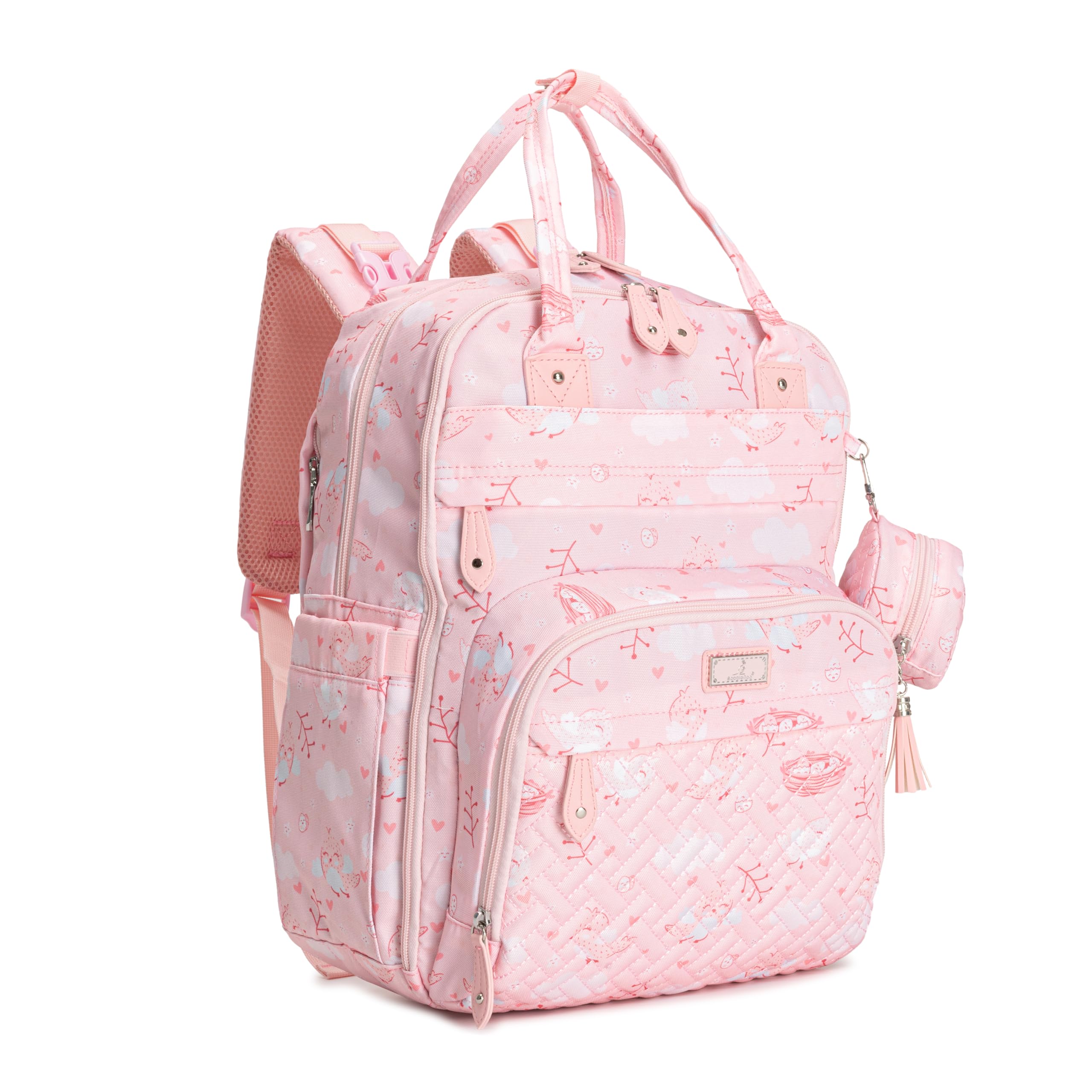 BabbleRoo pink Birdy front view diaper bag backpack with spacious 26L storage for busy parents.