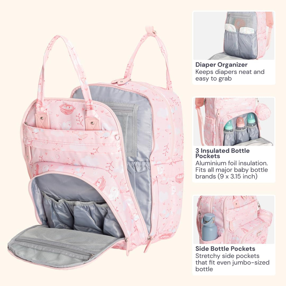 BabbleRoo pink Birdy insulated bottle pockets keep drinks at temperature on the move.