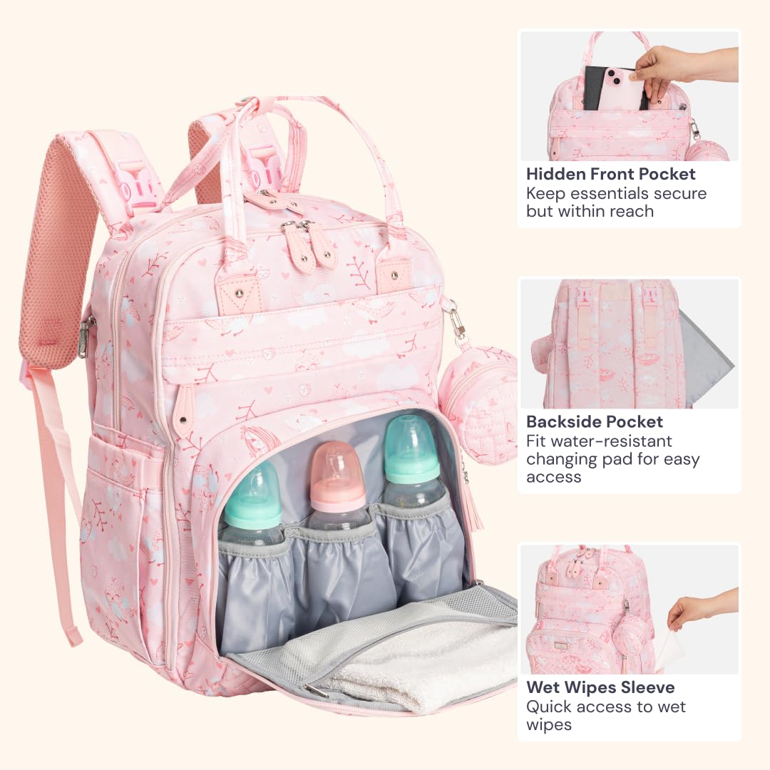 BabbleRoo pink Birdy laptop-compartment ready for travel with baby gear.