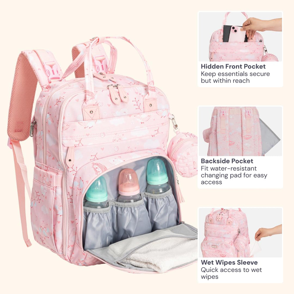 BabbleRoo pink Birdy laptop-compartment ready for travel with baby gear.