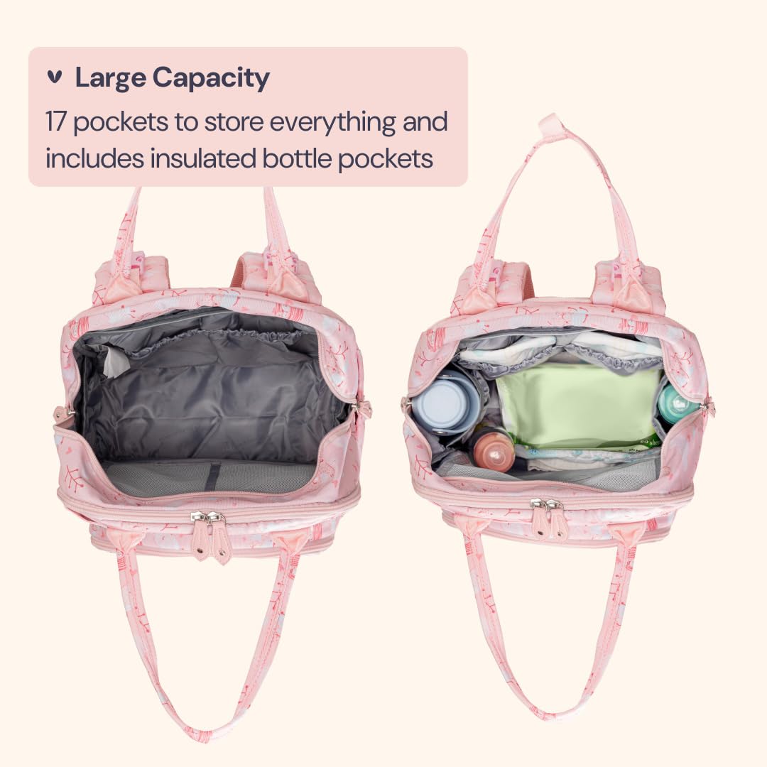 BabbleRoo pink Birdy stroller clips attached for hands-free travel convenience.
