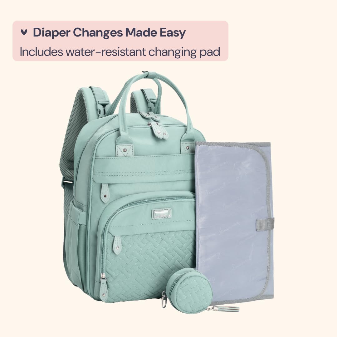 BabbleRoo backpack sage green fabric showing tear-resistant, durable construction