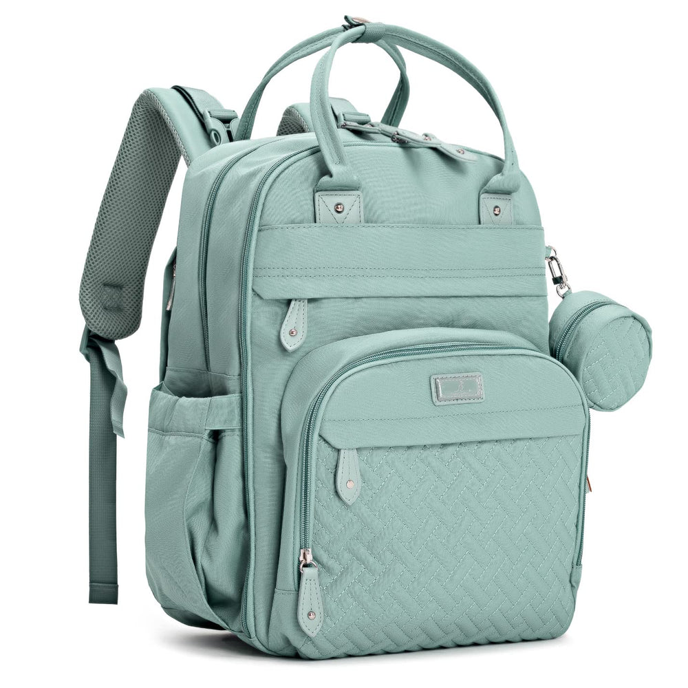 BabbleRoo diaper bag backpack sage green front view showing ample storage for baby essentials