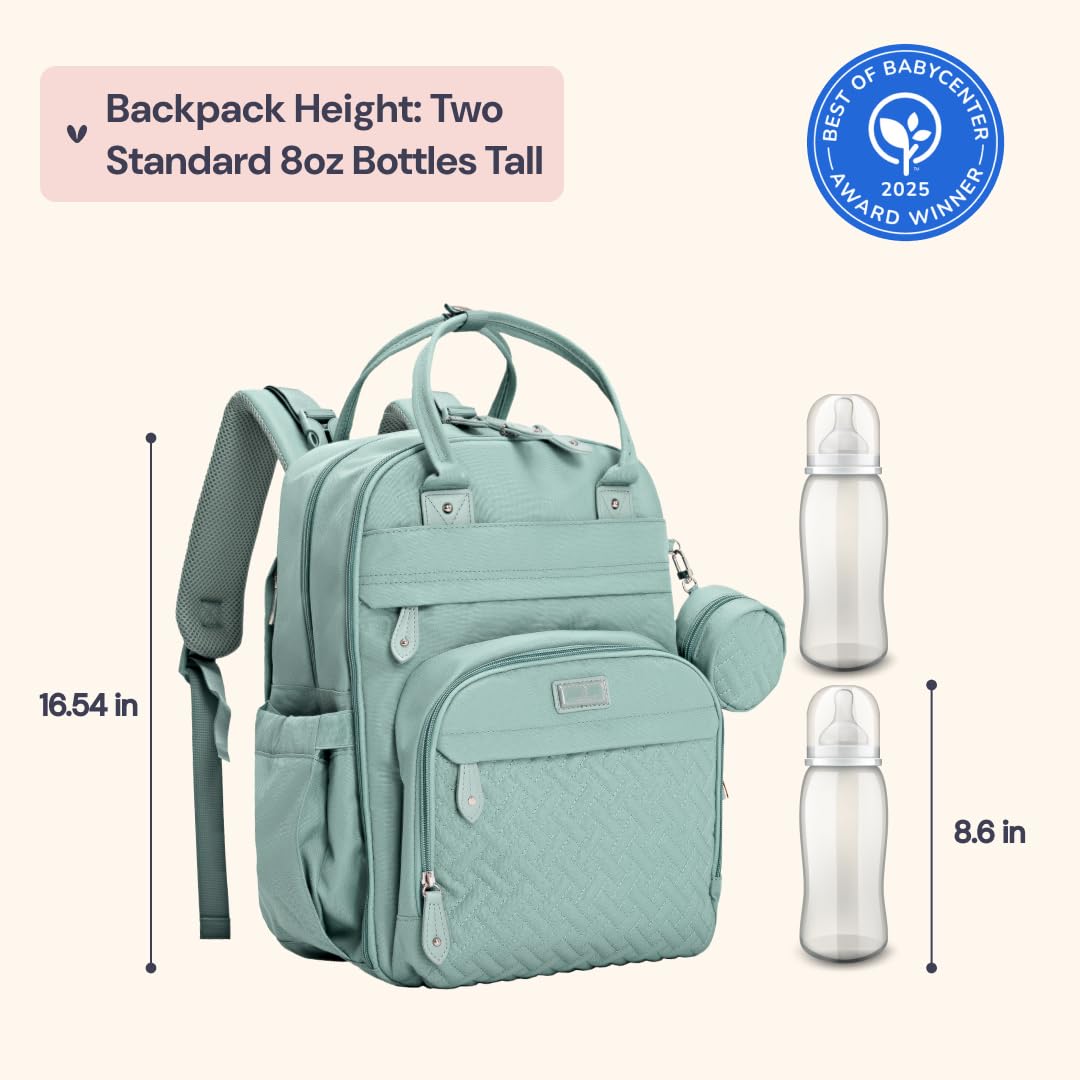 BabbleRoo diaper bag backpack sage green with insulated bottle pockets for feeds