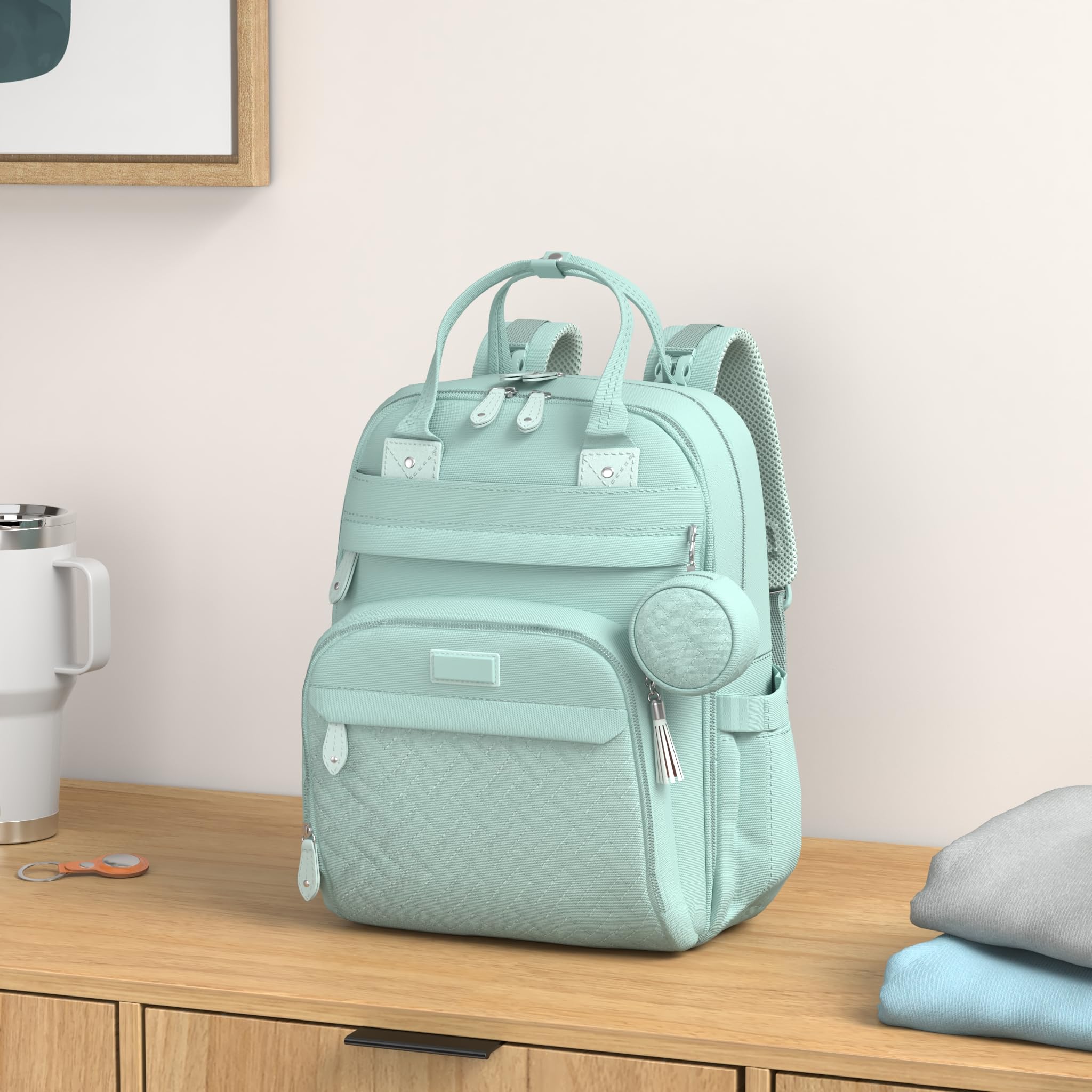 BabbleRoo diaper bag backpack sage green open main compartment for easy access to gear
