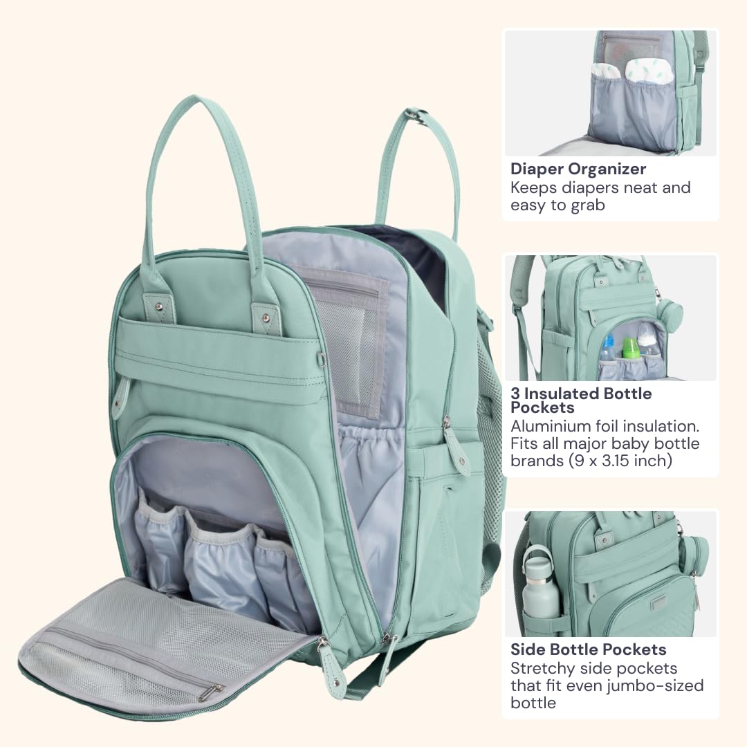 BabbleRoo diaper bag backpack sage green with stroller straps for hands-free travel