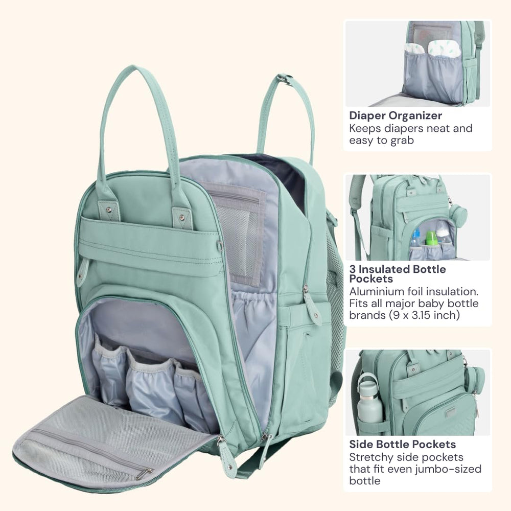 BabbleRoo diaper bag backpack sage green with stroller straps for hands-free travel