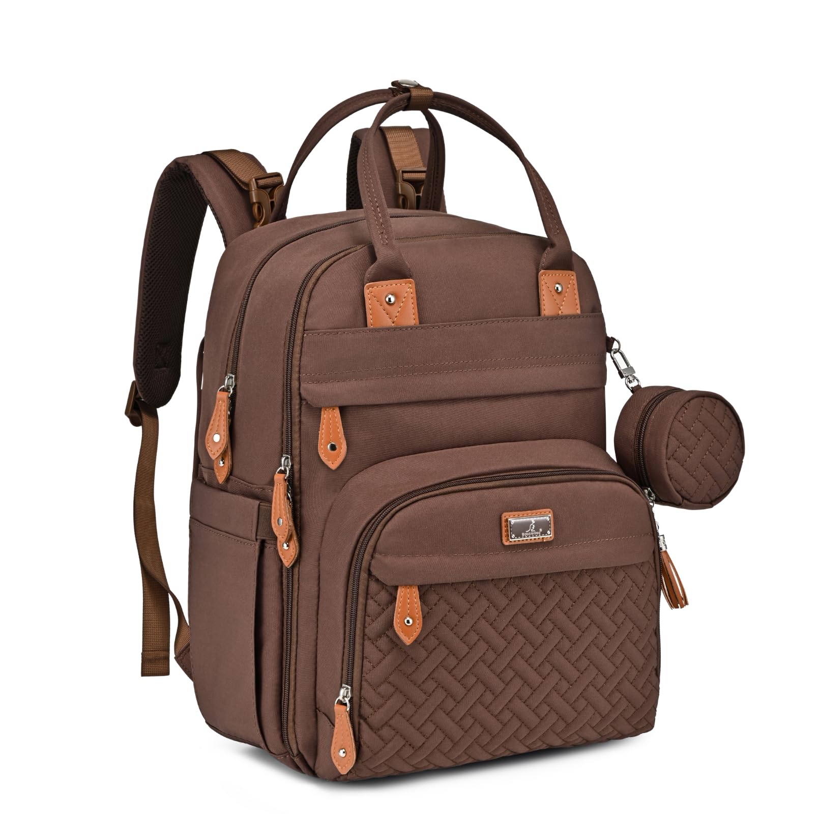 BabbleRoo diaper bag backpack side view in brown, ideal for on-the-go parenting.