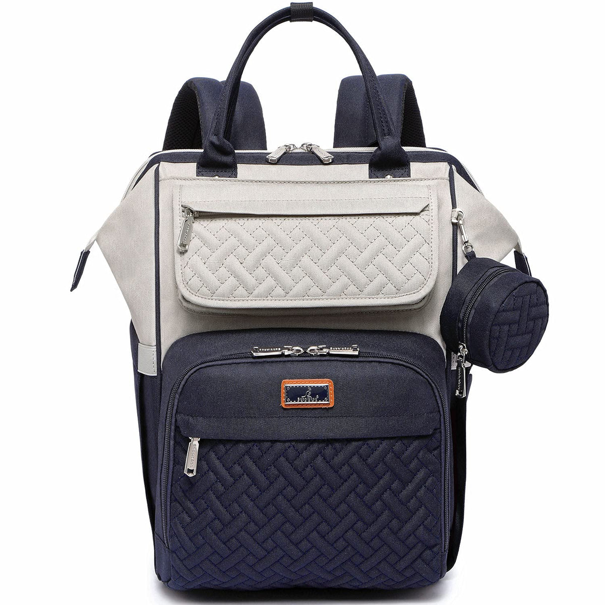 BabbleRoo diaper bag backpack front view shows ample storage for on-the-go parents.