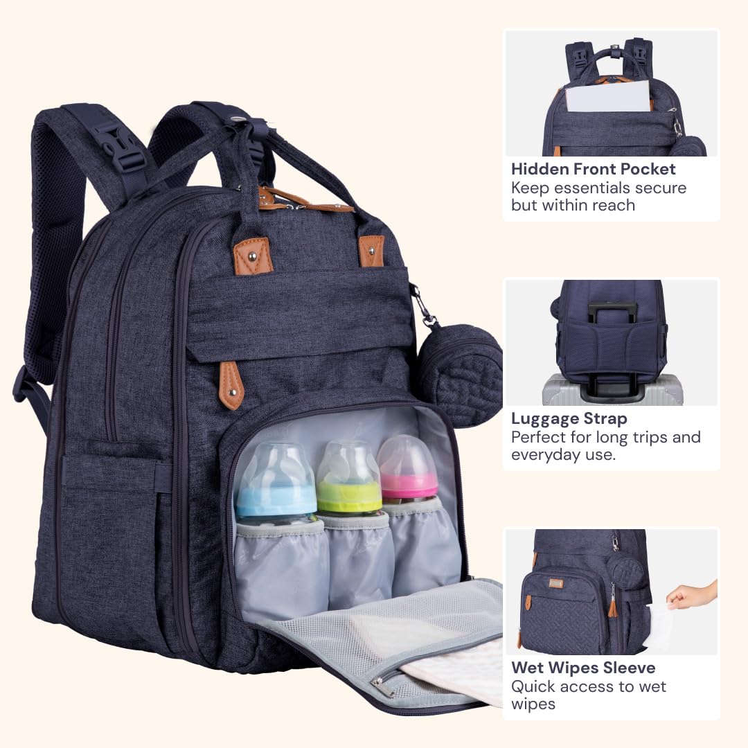 BabbleRoo diaper bag backpack featuring stroller clips and travel sleeve for easy transitions