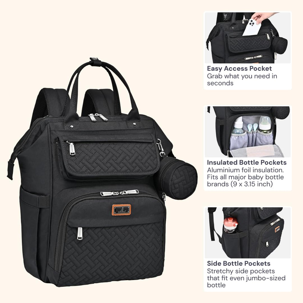 BabbleRoo diaper bag backpack stroller-straps enable hands-free transport during outings.
