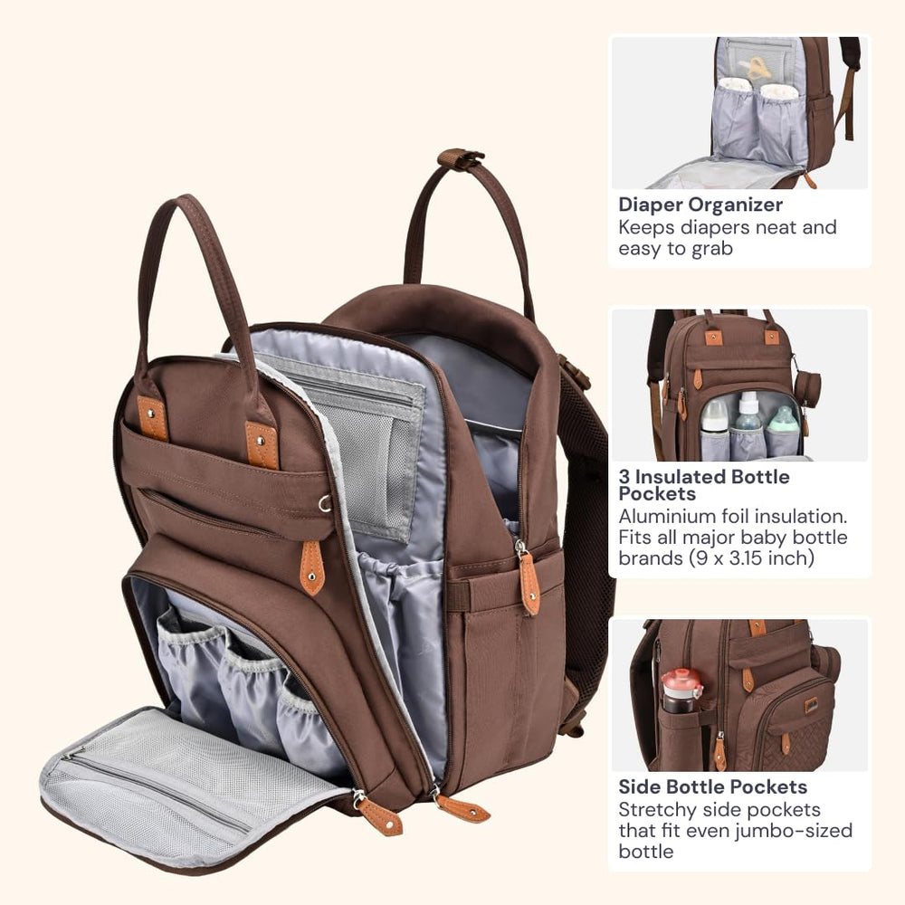 BabbleRoo diaper bag backpack stroller straps, easily attach bag for hands-free travel.