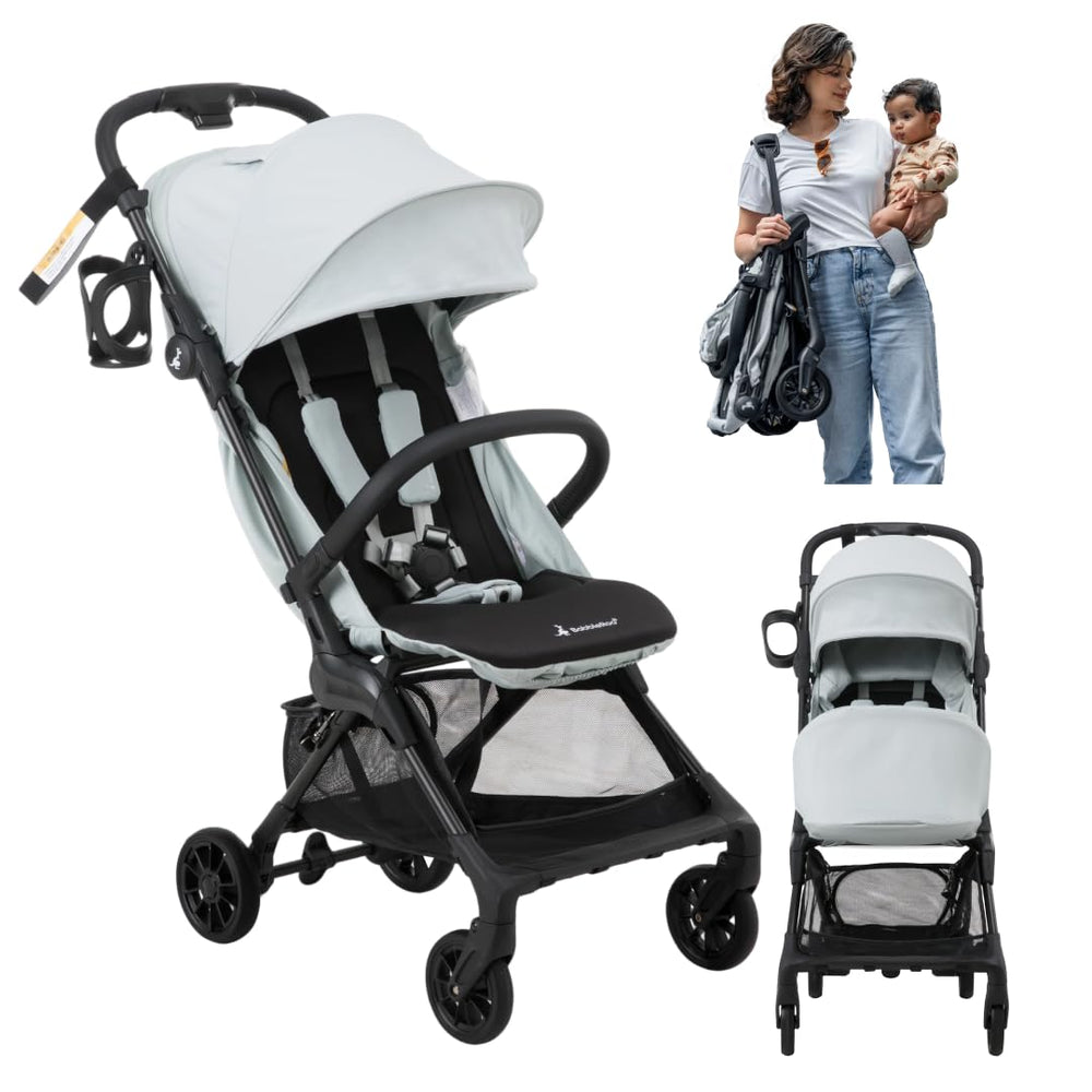 BabbleRoo Hoplite folded for overhead-bin travel, ultra-light design for air trips.