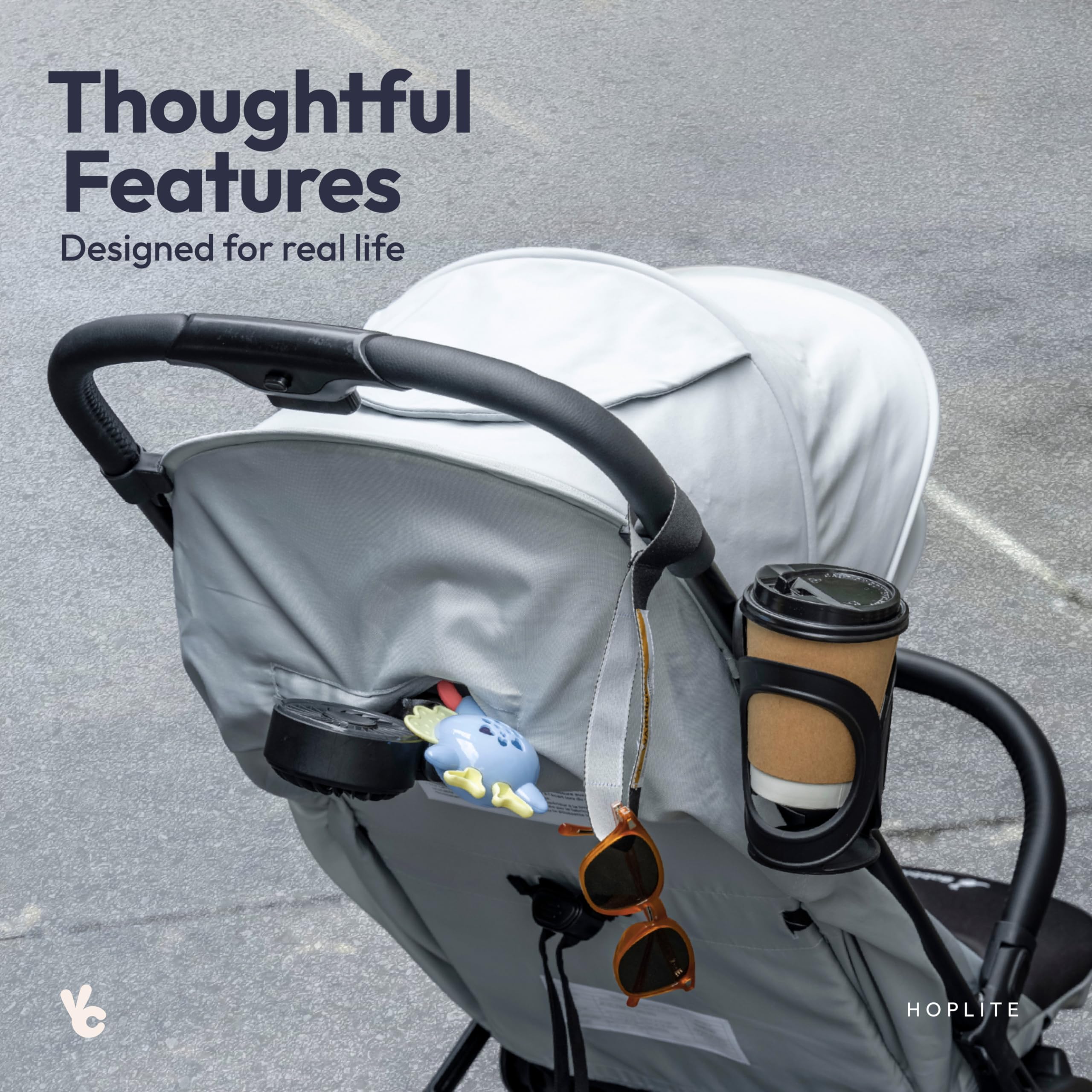 BabbleRoo Hoplite under-seat basket supports quick, accessible storage.