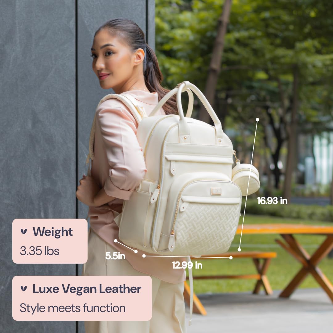 BabbleRoo Leather Diaper Bag Backpack back panel closeup, padded support for comfortable all-day wear.