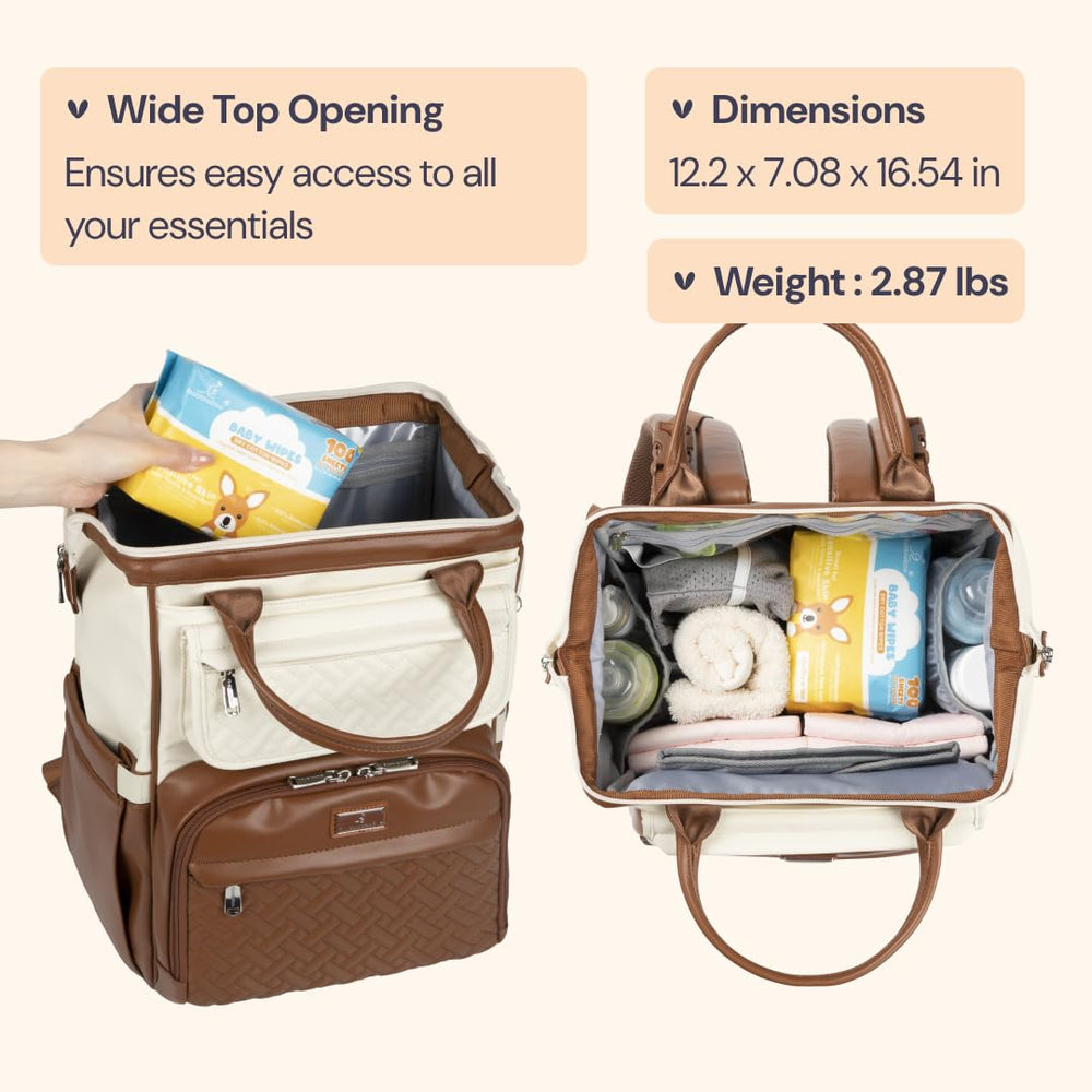 BabbleRoo leather diaper bag backpack coffee-cream insulated bottle pockets ready for bottles on the go
