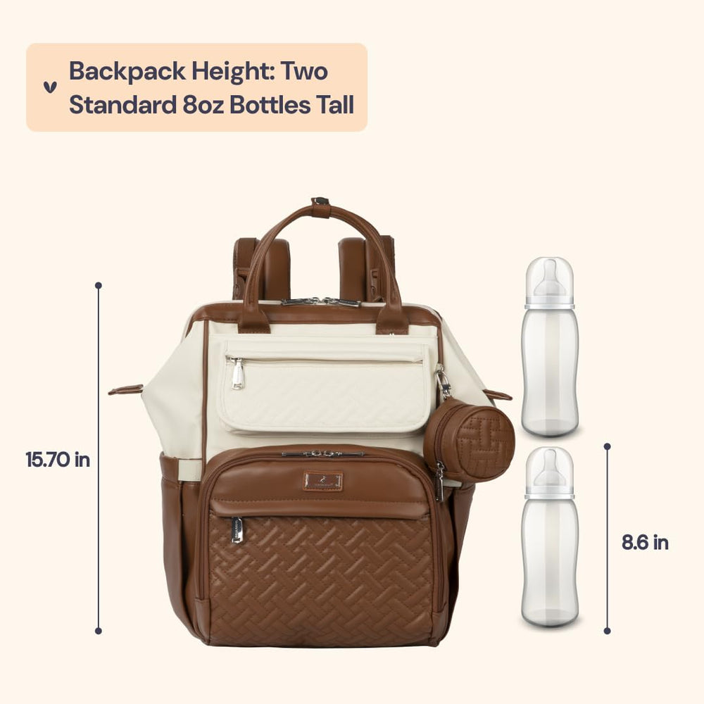 BabbleRoo leather diaper bag backpack side view in Coffee Cream highlighting roomy storage