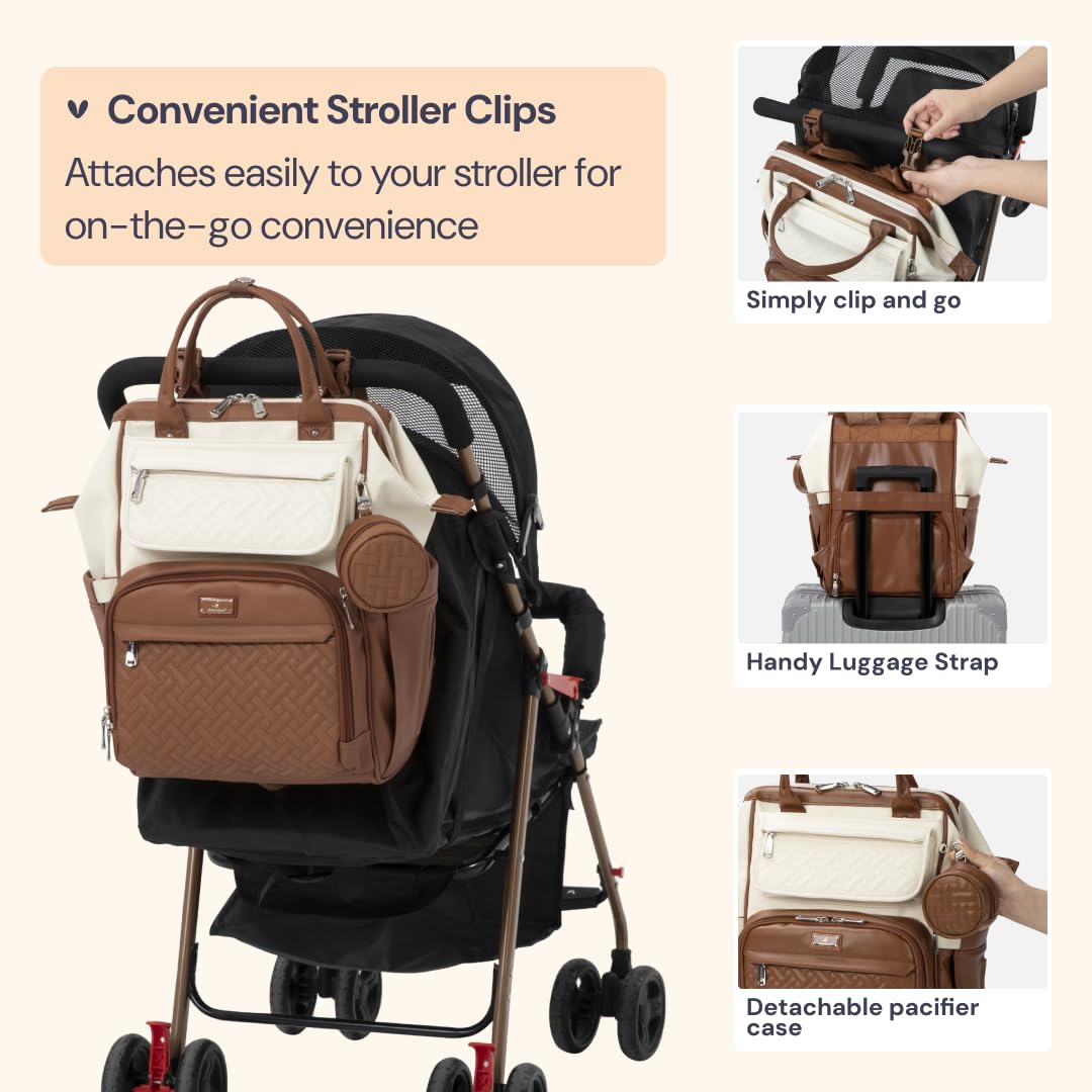BabbleRoo leather diaper bag backpack detachable pacifier case keeps essentials secure