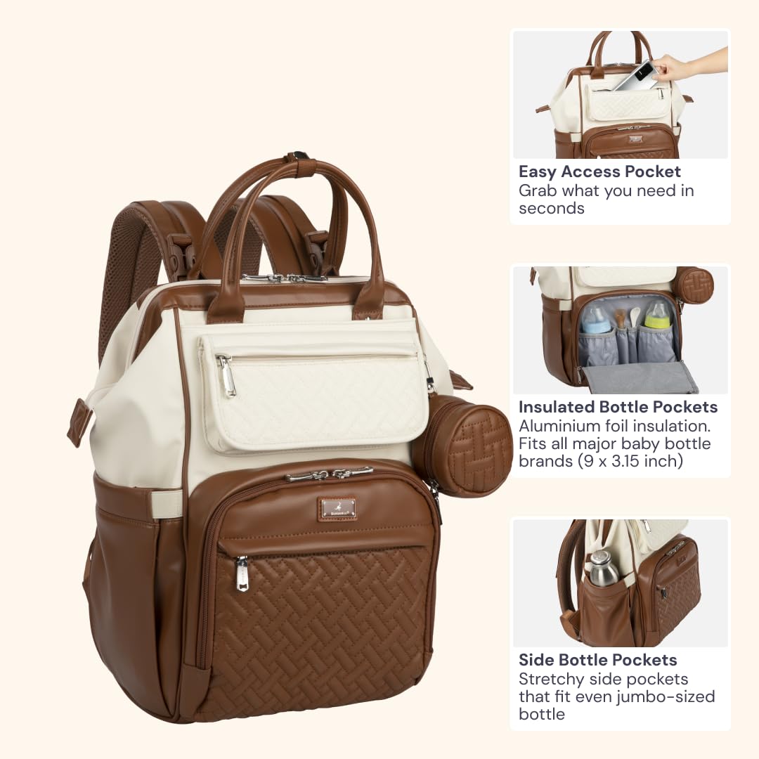 BabbleRoo leather diaper bag backpack fold-out changing mat demonstrates quick diaper changes