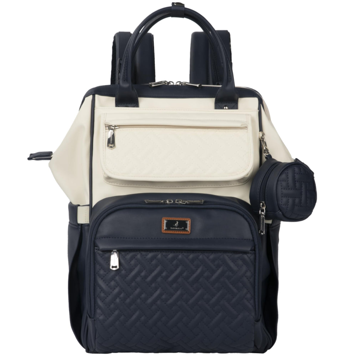 BabbleRoo Leather Diaper Bag Backpack front view shows spacious compartments for busy parents on the go