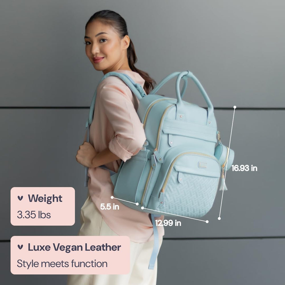BabbleRoo leather diaper bag backpack interior organized with 19 pockets