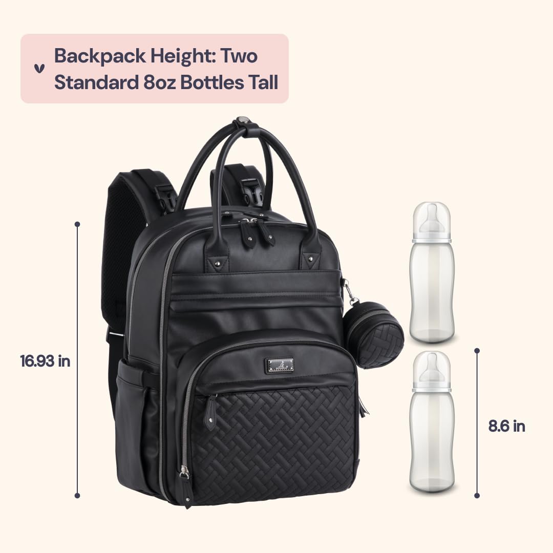 BabbleRoo Leather Diaper Bag Backpack insulated bottle pockets support on-the-go feeds.