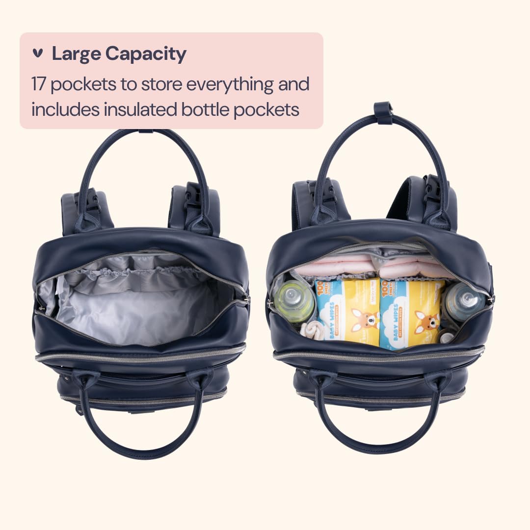 BabbleRoo Leather Diaper Bag Backpack insulated bottle pockets keep drinks ready.