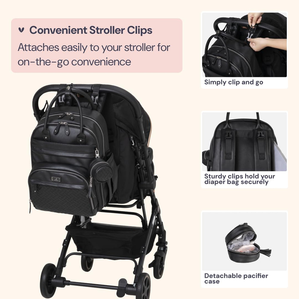 BabbleRoo Leather Diaper Bag Backpack laptop pocket fits 15.6-inch laptop.