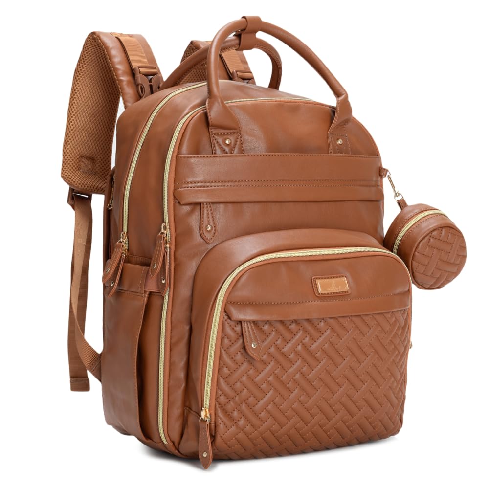 BabbleRoo leather diaper bag backpack open showing organized interior for on-the-go packing