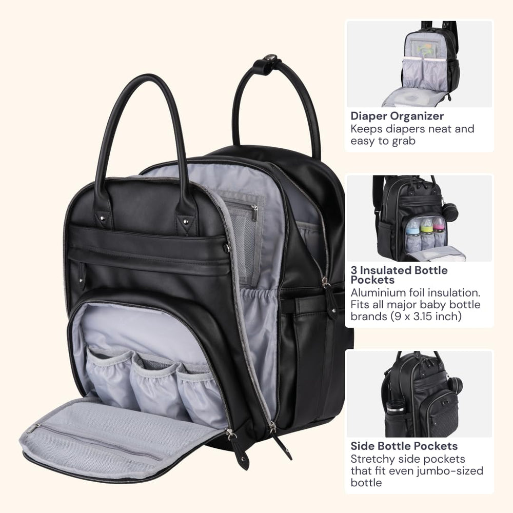BabbleRoo Leather Diaper Bag Backpack detachable pacifier case keeps essentials organized.