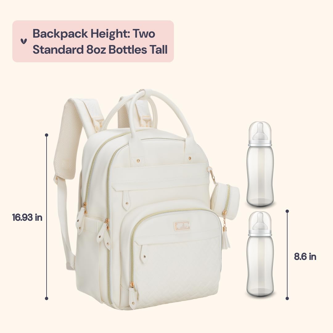 BabbleRoo Leather Diaper Bag Backpack side view, roomy layout supports multiple storage pockets.