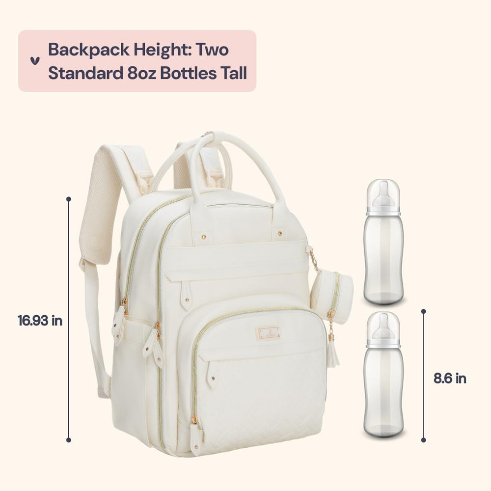 BabbleRoo Leather Diaper Bag Backpack side view, roomy layout supports multiple storage pockets.