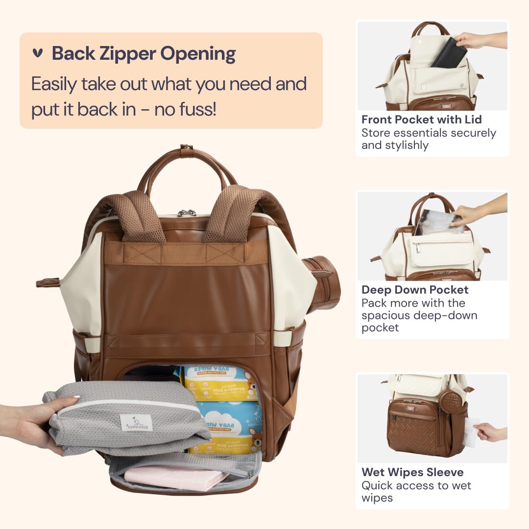 BabbleRoo leather diaper bag backpack stroller clips enable hands-free travel