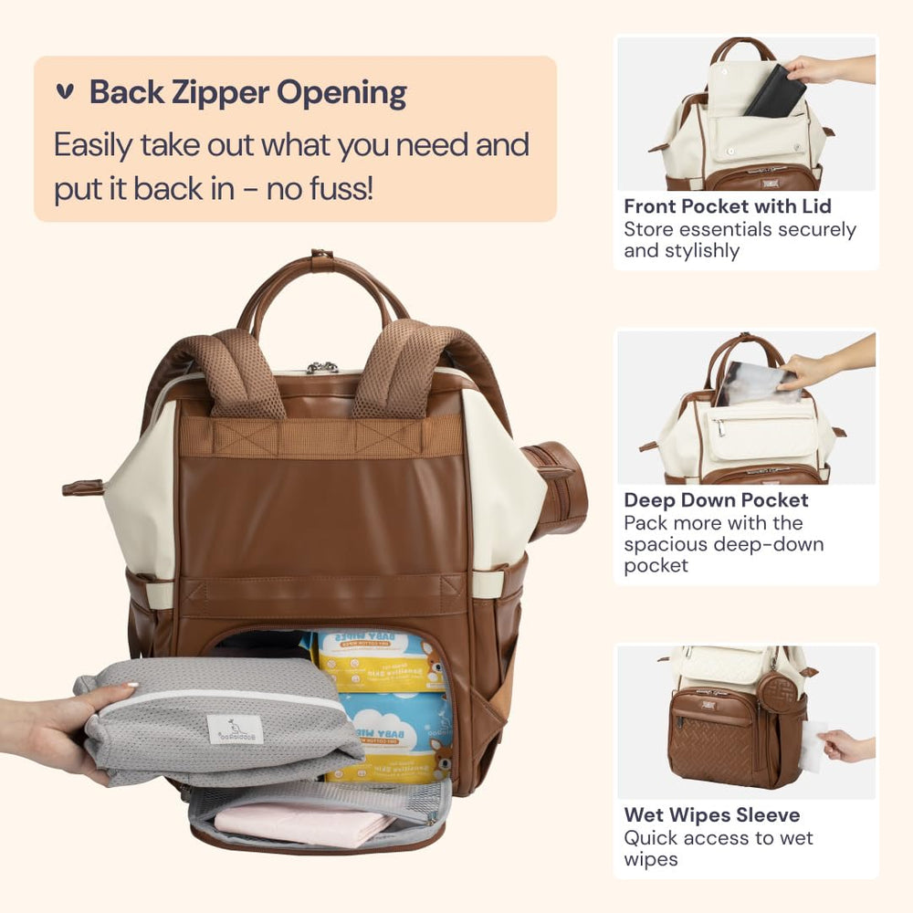 BabbleRoo leather diaper bag backpack stroller clips enable hands-free travel