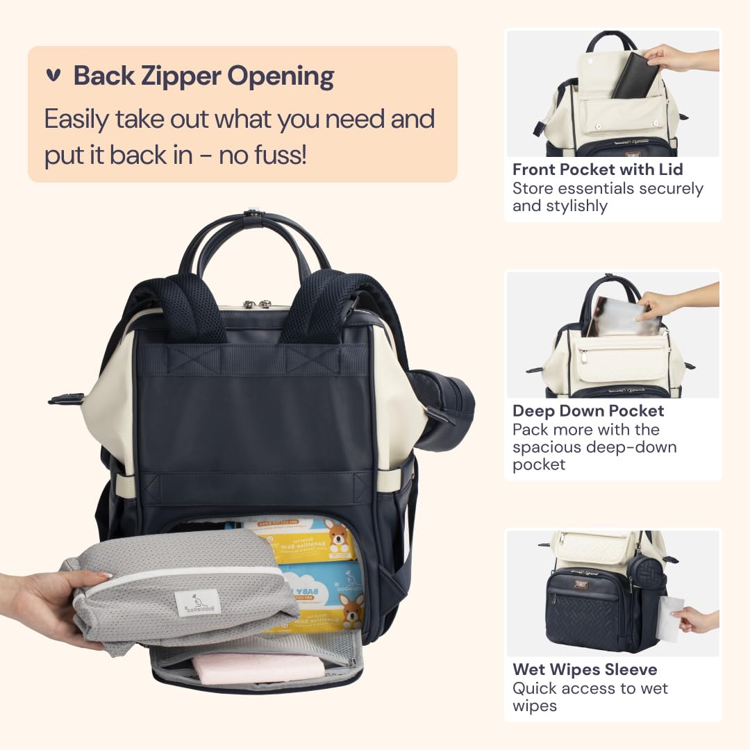 BabbleRoo Leather Diaper Bag Backpack stroller clips enable hands-free travel
