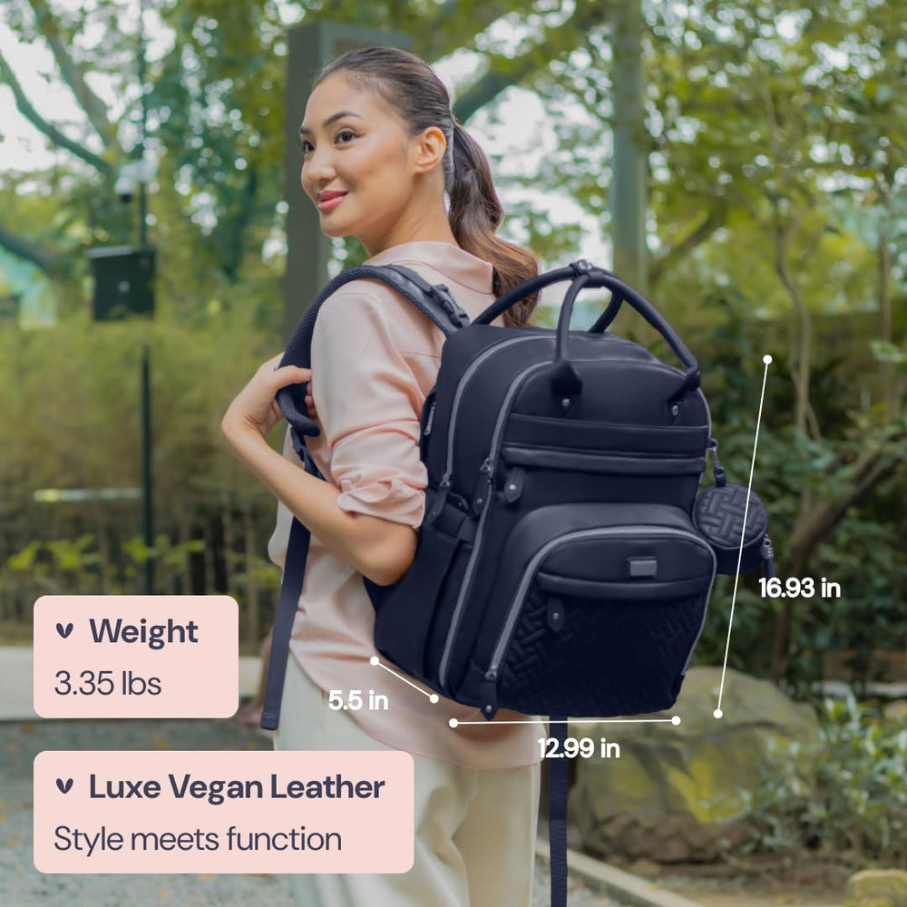BabbleRoo Leather Diaper Bag Backpack stroller clips enable hands-free outings.