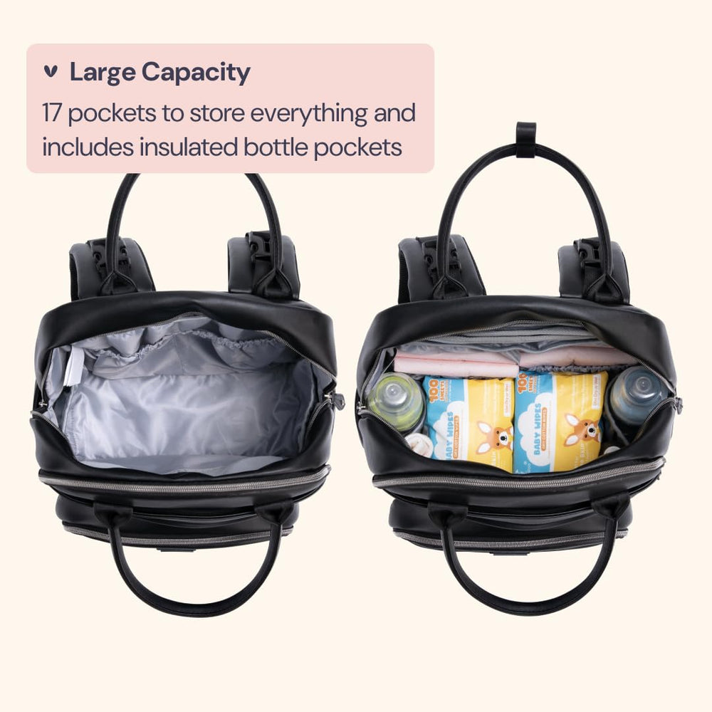 BabbleRoo Leather Diaper Bag Backpack stroller straps enable hands-free mobility.