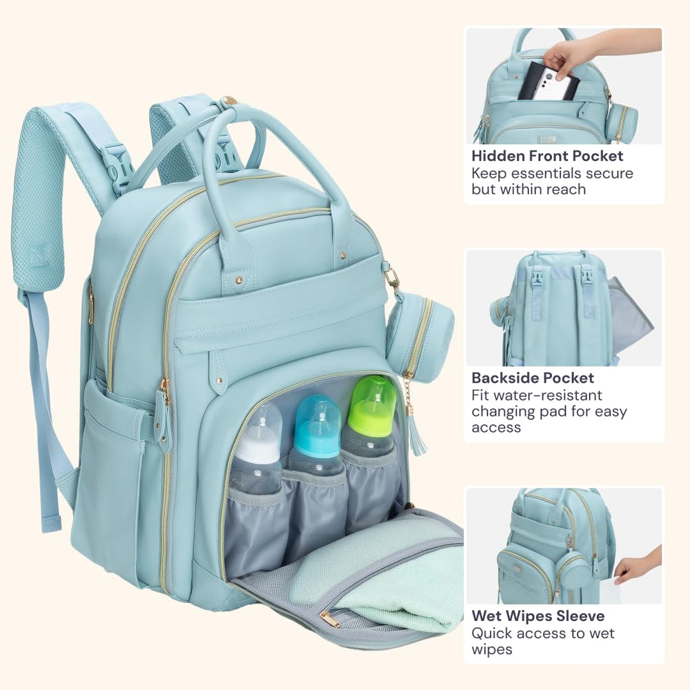 BabbleRoo leather diaper bag backpack water-resistant fabric protects contents