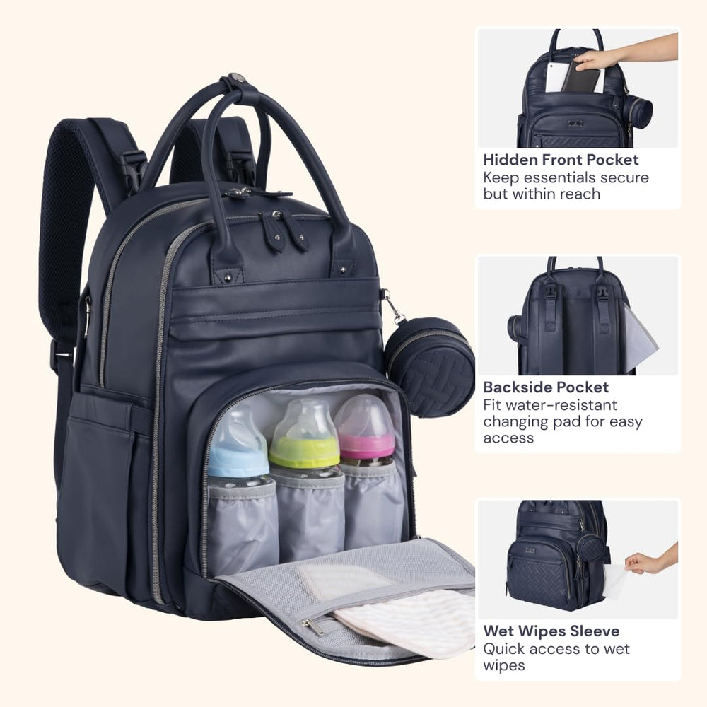 BabbleRoo Leather Diaper Bag Backpack wipe pocket for messes on the go.
