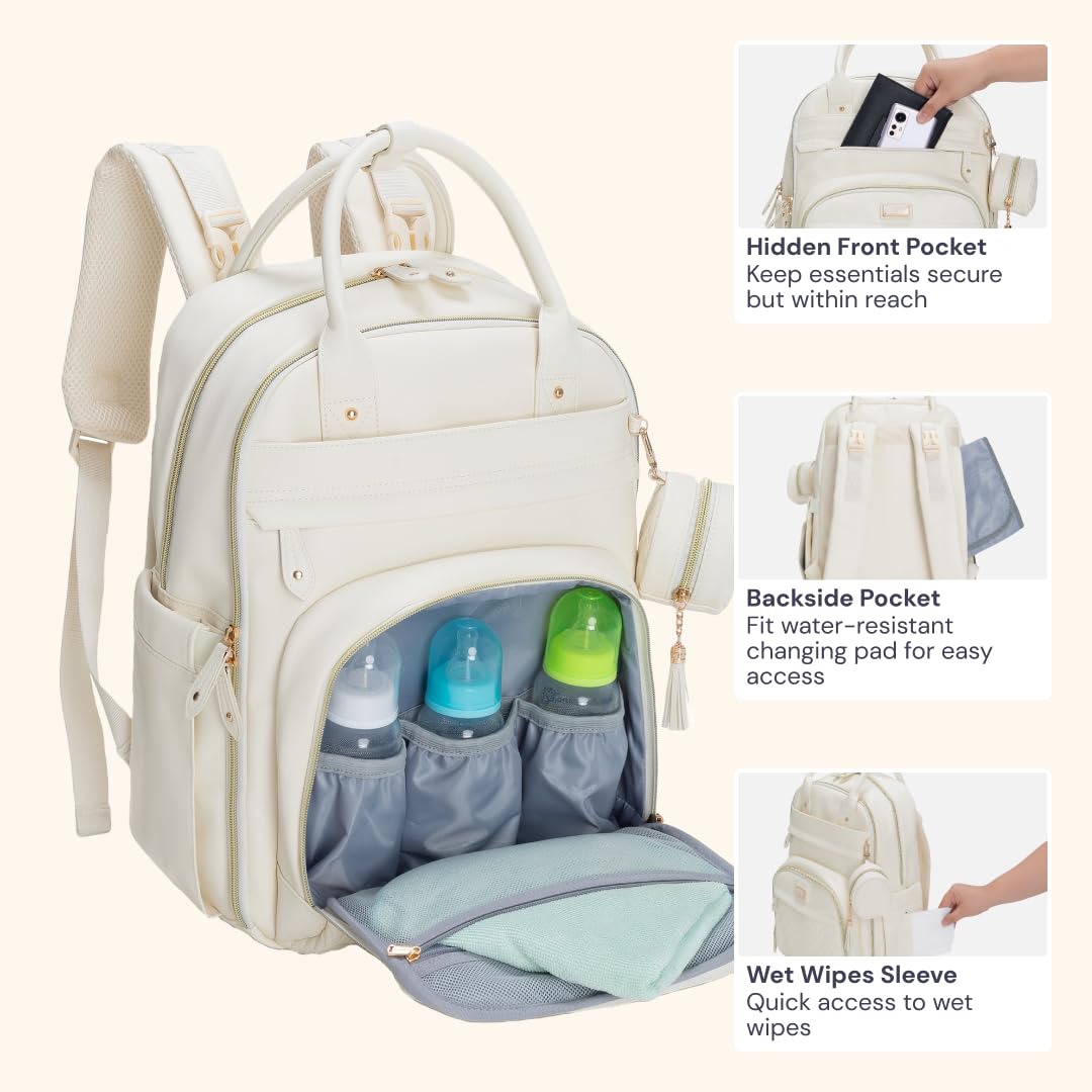BabbleRoo Leather Diaper Bag Backpack insulated bottle pockets, maintains temperature on travel days.