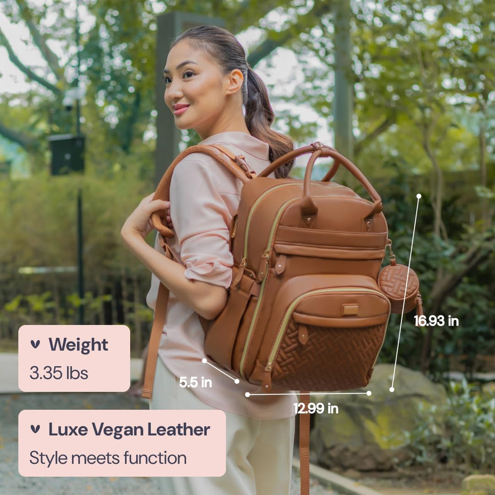 BabbleRoo leather diaper bag pockets emphasizing 19-pocket organization