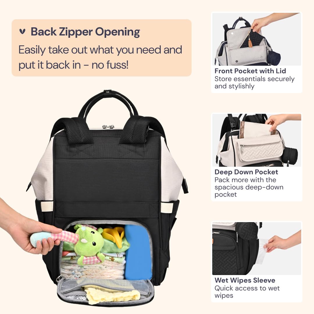 BabbleRoo multi-pocket organization demonstrates space for bottles, toys, keys, and laptop-sized items.